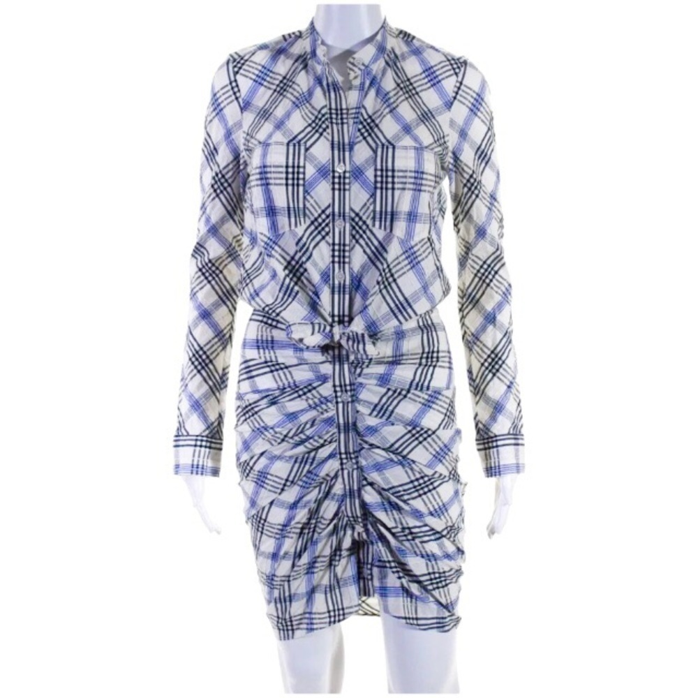 Veronica Beard Della Shirtdress Shirt Dress Size 0 White Blue Plaid Ruched